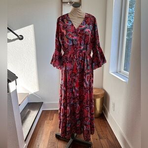 Siya Boho Pink Paisley Bell Sleeve Button Front Maxi Dress Sz: OSFM NEW